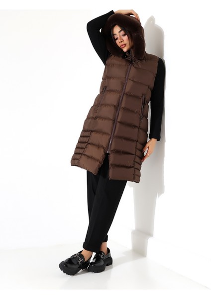 Kadın Kürk Detay Kapitone Şişme Yelek