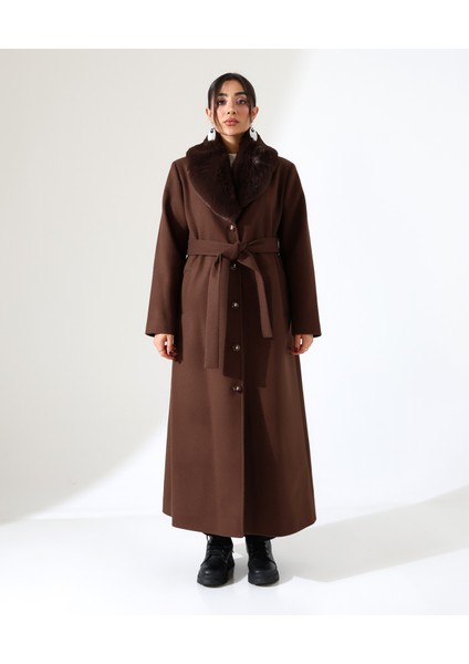 Kadın Şal Yaka Kürk Detay Uzun Büyük Beden Kaşe Kaban