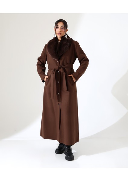 Kadın Şal Yaka Kürk Detay Uzun Büyük Beden Kaşe Kaban fırsatları