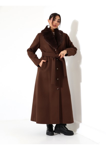 Kadın Şal Yaka Kürk Detay Uzun Büyük Beden Kaşe Kaban