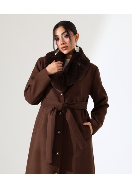 Kadın Şal Yaka Kürk Detay Uzun Büyük Beden Kaşe Kaban