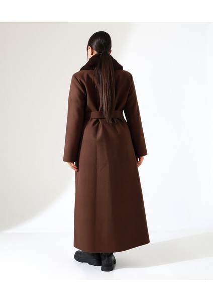 Kadın Şal Yaka Kürk Detay Uzun Büyük Beden Kaşe Kaban