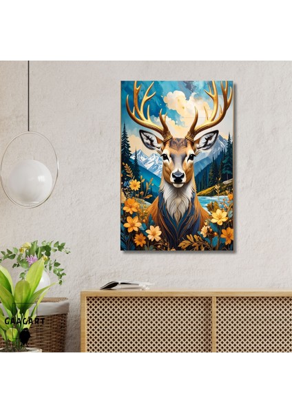 Tekli Dikey Kanvas Tablo Çiçekler ve Manzarada Geyik