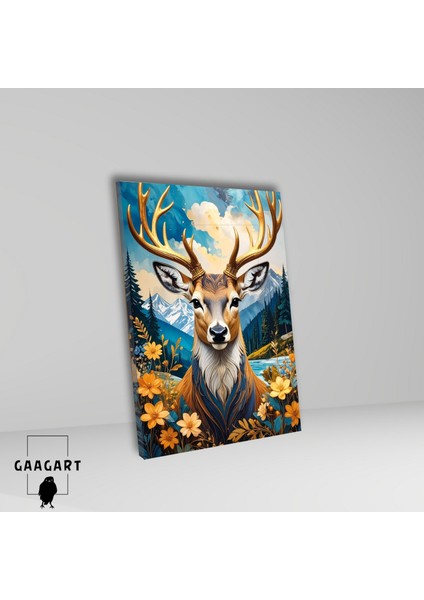 Tekli Dikey Kanvas Tablo Çiçekler ve Manzarada Geyik fiyatları