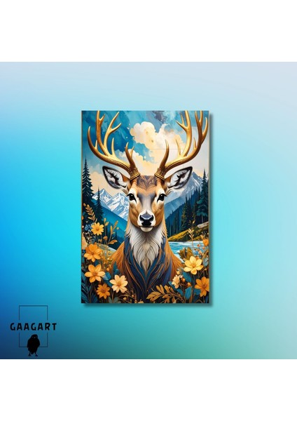 Tekli Dikey Kanvas Tablo Çiçekler ve Manzarada Geyik modelleri