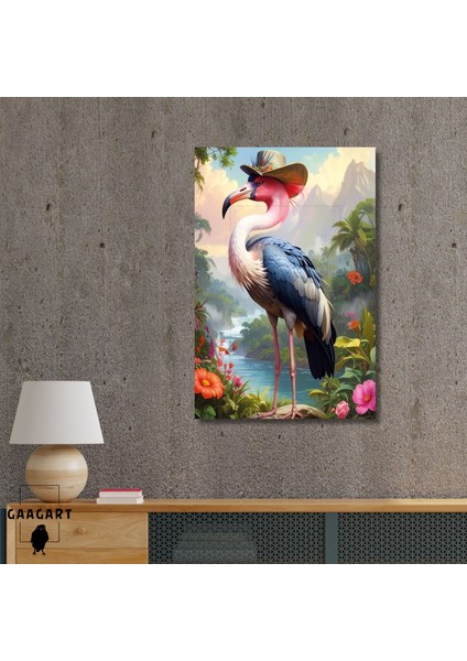 Tekli Dikey Kanvas Tablo Yüksek Kaliteli Renkli Şapkalı Flamingo