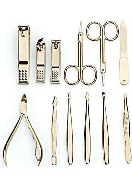 12 Parça Manikür Pedikür Seti, Gold Paslanmaz Çelik, Tırnak Bakım Aletleri, Özel Taşıma Çantalı (Özel Seri)