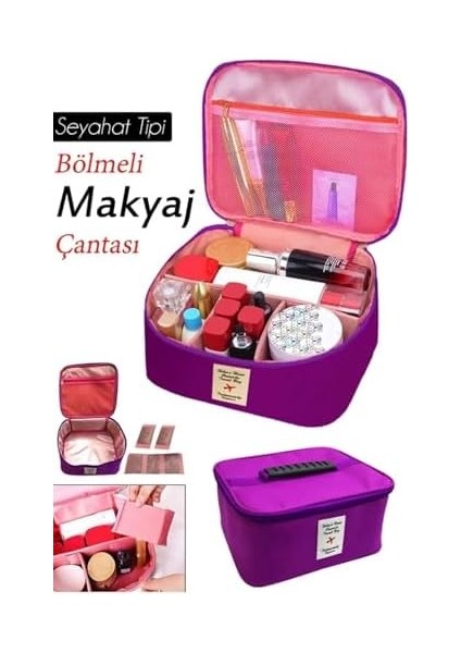 Seyahat Tipi Bölmeli Makyaj Kozmetik Çantası Organizer (Mor) fiyatları