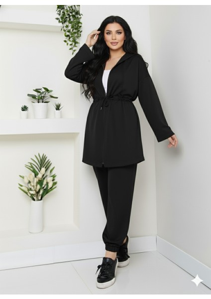 Büyük Beden Modal Kumaş Bağlama Detay Fermuarlı Kapüşonlu Eşofman Takımı