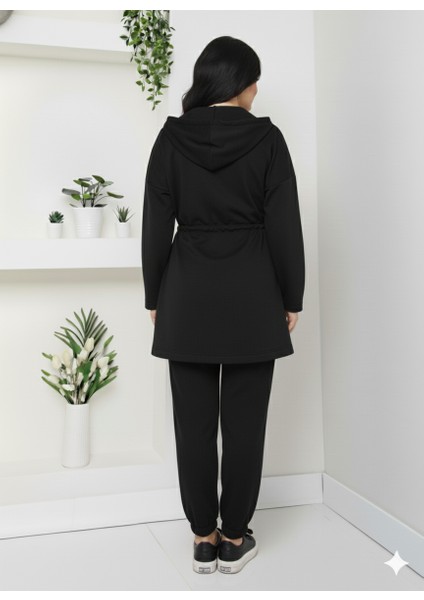 Büyük Beden Modal Kumaş Bağlama Detay Fermuarlı Kapüşonlu Eşofman Takımı modelleri