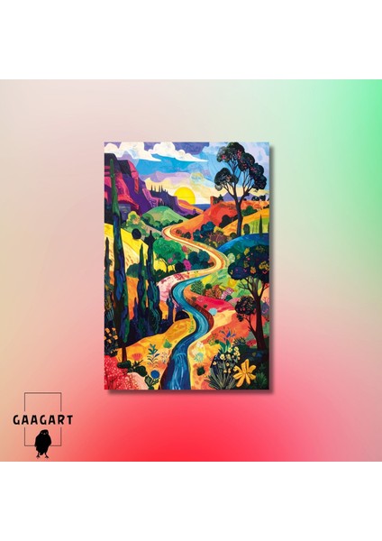 Tekli Dikey Kanvas Tablo Güneşe Giden Yol Manzarası modelleri