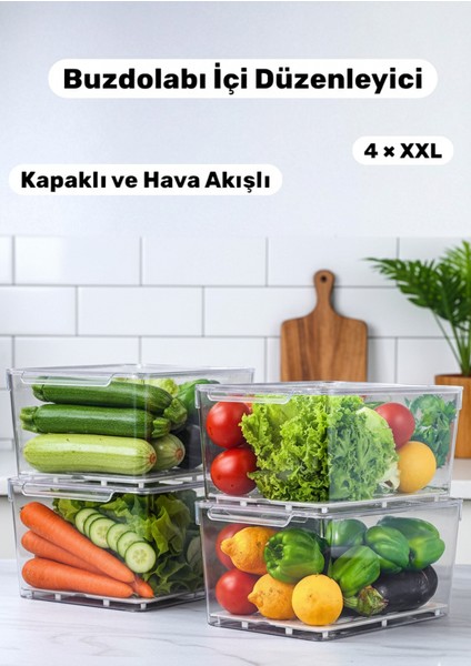 4 Adet Xxl Boy Buzdolabı Içi Düzenleyici Seti Şeffaf Buzdolabı Organizeri Saklama Kabı