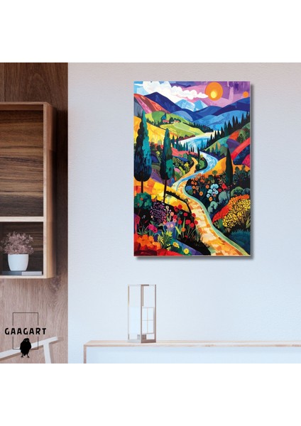 Tekli Dikey Kanvas Tablo Ağaçlar ve Dağlar Manzara Renkli