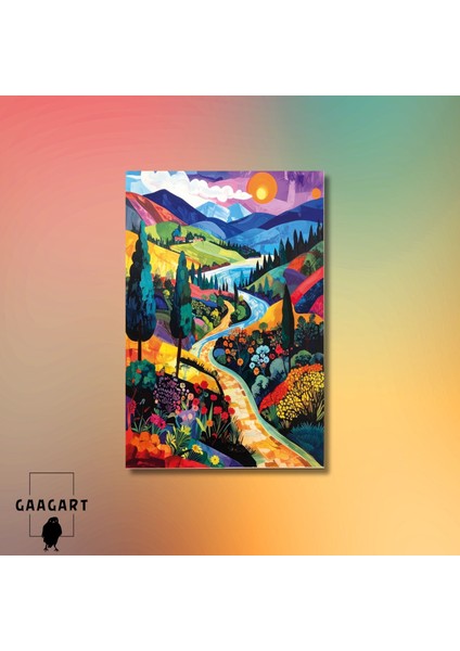 Tekli Dikey Kanvas Tablo Ağaçlar ve Dağlar Manzara Renkli modelleri