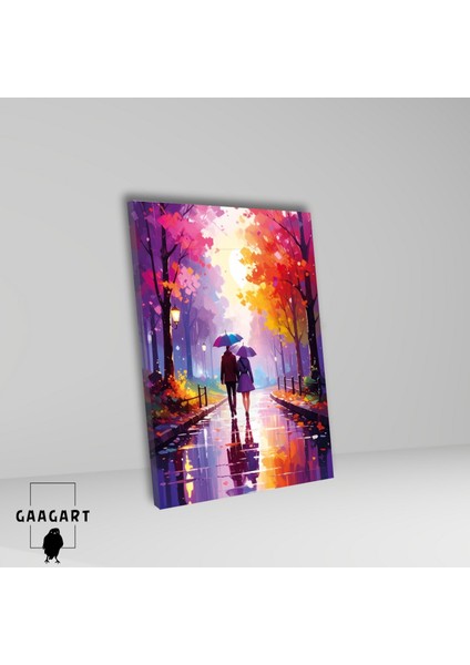 Tekli Dikey Kanvas Tablo Yağmurda Parkta Yürüyen Çift fiyatları