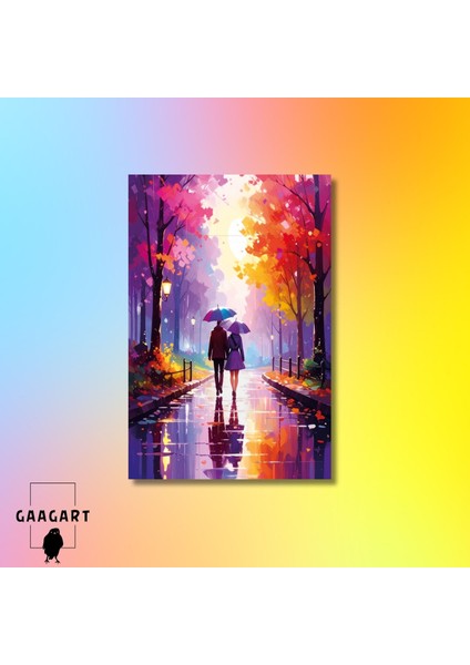 Tekli Dikey Kanvas Tablo Yağmurda Parkta Yürüyen Çift modelleri