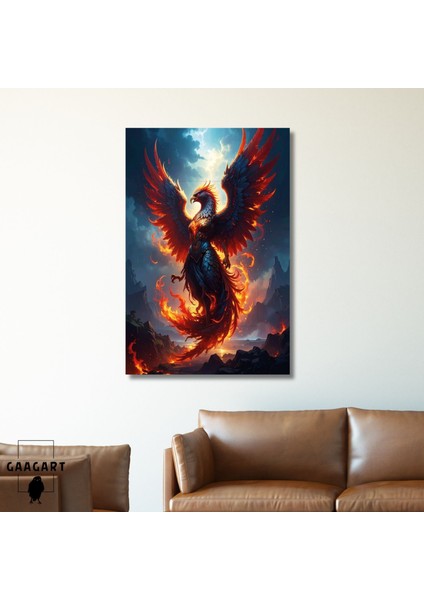 Tekli Dikey Kanvas Tablo Alevler Lavlar Içerisinde Zümrüdü Anka Kuşu