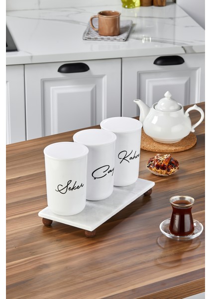 3'lü 900ML Akrilik Kapaklı Akrilik (Plastik) Saklama Kabı Mermer Stantlı Kavanoz Seti 4lü Set