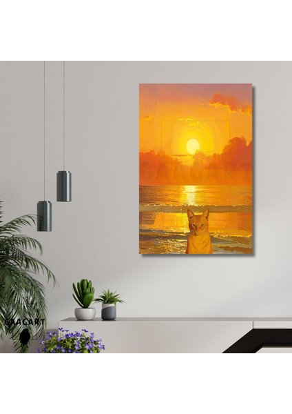 Tekli Dikey Kanvas Tablo Gün Batımı ve Sarı Kedi Sarman
