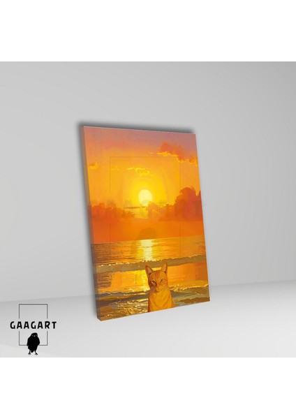 Tekli Dikey Kanvas Tablo Gün Batımı ve Sarı Kedi Sarman fiyatları