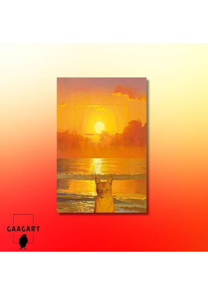 Tekli Dikey Kanvas Tablo Gün Batımı ve Sarı Kedi Sarman modelleri