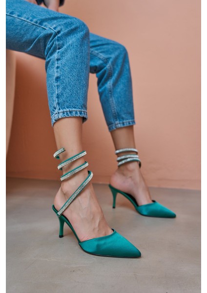 Lassi Kadın Yeşil Saten Firfir Detay Topuklu Abiye Ayakkabi
