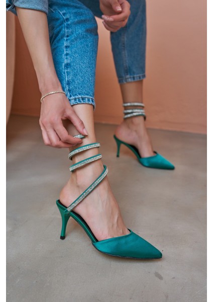 Lassi Kadın Yeşil Saten Firfir Detay Topuklu Abiye Ayakkabi fiyatları