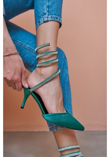 Lassi Kadın Yeşil Saten Firfir Detay Topuklu Abiye Ayakkabi modelleri