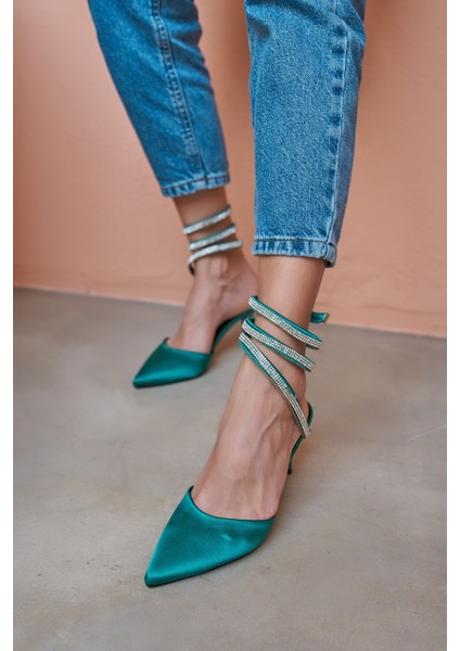 Lassi Kadın Yeşil Saten Firfir Detay Topuklu Abiye Ayakkabi fırsatları