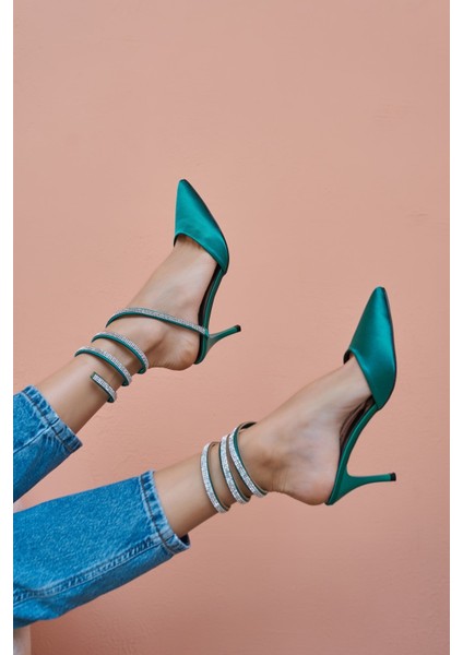 Lassi Kadın Yeşil Saten Firfir Detay Topuklu Abiye Ayakkabi indirimleri