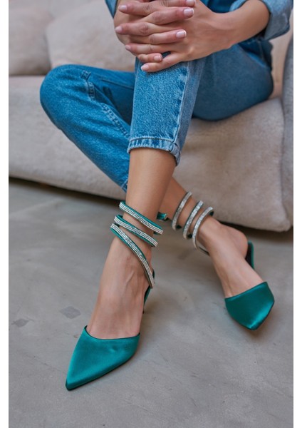 Lassi Kadın Yeşil Saten Firfir Detay Topuklu Abiye Ayakkabi