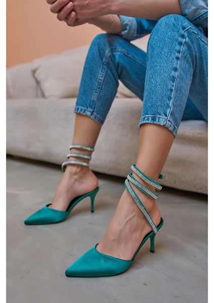 Lassi Kadın Yeşil Saten Firfir Detay Topuklu Abiye Ayakkabi