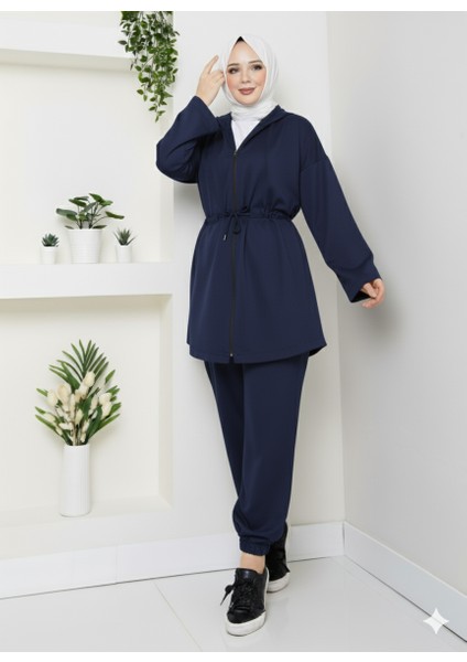 Modal Kumaş Bağlama Detay Fermuarlı Kapüşonlu Tesettür Eşofman Takımı