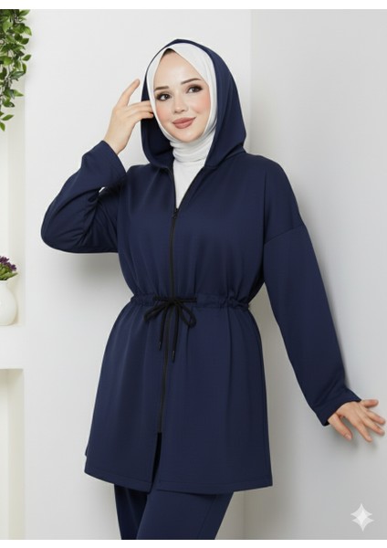 Modal Kumaş Bağlama Detay Fermuarlı Kapüşonlu Tesettür Eşofman Takımı modelleri