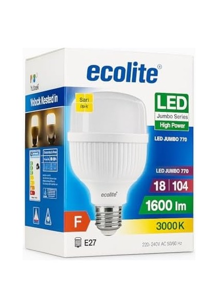 18W LED Ampul, 3000K Sarı Işık, 1600 Lümen, 104W Eşdeğer, E27 Duy, 220V, Dimmer Uyumsuz, F Enerji Sınıfı modelleri