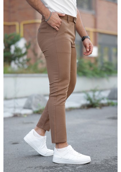 Erkek Taba Kaliteli Esnek Likralı Bilek Boy Kumaş Pantolon