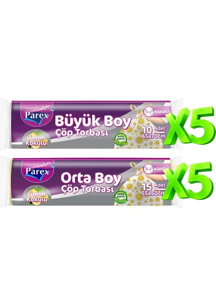 Büzgülü Çöp Torbası Limon Kokulu 5 Büyük ve 5 Orta Boy Set