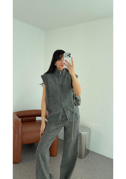 T Kol Çift Fermuarlı Antrasit Yelek