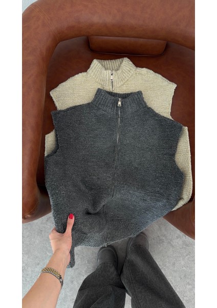 T Kol Çift Fermuarlı Antrasit Yelek