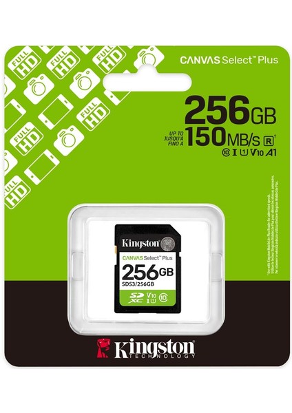 Kingston SDS3-256GB 256GB Sdxc Canvas Select Plus Gen3 150MB-S C10 Uhs-I U1 V10 Hafıza Kartı