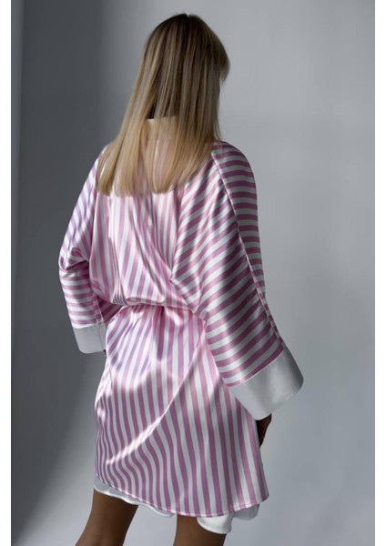 Gizotti Klasik Pudra Askılı Gecelik & Pembe Çizgili Sabahlık L modelleri