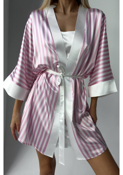 Gizotti Klasik Pudra Askılı Gecelik & Pembe Çizgili Sabahlık L fırsatları