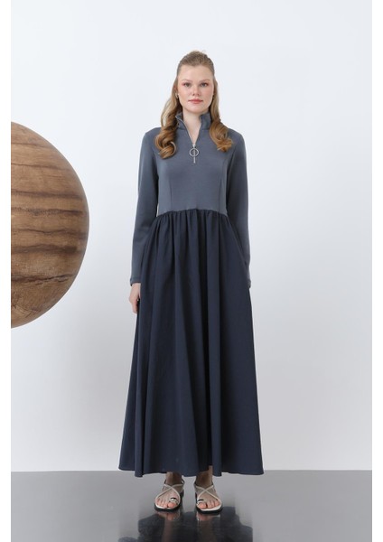 Kadın Beli Büzgülü Yakası Fermuar Detaylı Elbise - 20607ELB - Antrasit modelleri