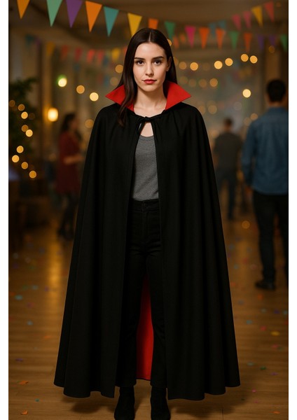 Cadılar Bayramı Halloween Kostüm Partisi Vampir Kan Emici Kont Drakula Kırmızı Yaka Pelerin 120 cm