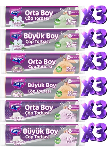Orta ve Büyük Boy Büzgülü Kokulu 18 Paket Çöp Torbası Seti