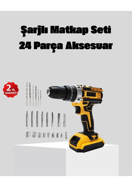 24 Parça Çift Bataryalı Akülü Darbeli Matkap – Güçlü Motor, Metal Dişli, LED Işıklı