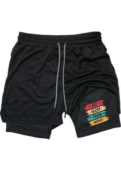 Hızlı Kuruyan 2in1 Yetişkin Unisex Eat Sleep Train Repeat Baskılı Taytlı Şort Fitness Gym Antrenman