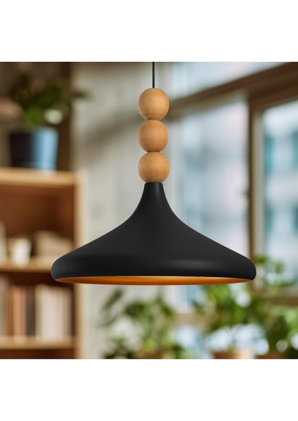 Tekli Ahşap Boncuk Detaylı Sarkıt Aydınlatma, Metal Sıvama, Ev, Ofis, Cafe, Restoran Avizeleri, E27 Duy (Siyah- )