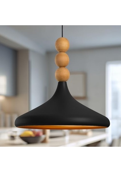 Tekli Ahşap Boncuk Detaylı Sarkıt Aydınlatma, Metal Sıvama, Ev, Ofis, Cafe, Restoran Avizeleri, E27 Duy (Siyah- ) fiyatları