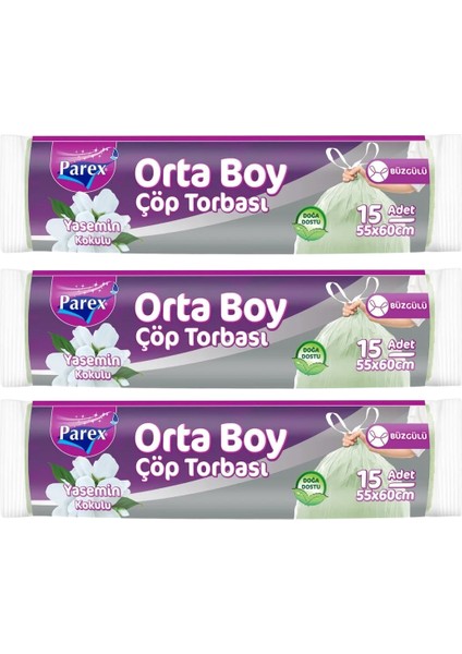 Büzgülü Çöp Torbası Yasemin Kokulu 15'li Orta Boy 55 x 60 cm Üçlü Paket